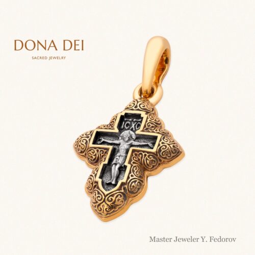 Orthodox Cross Pendant “Crucifixion. Cross of Calvary with Prayer”