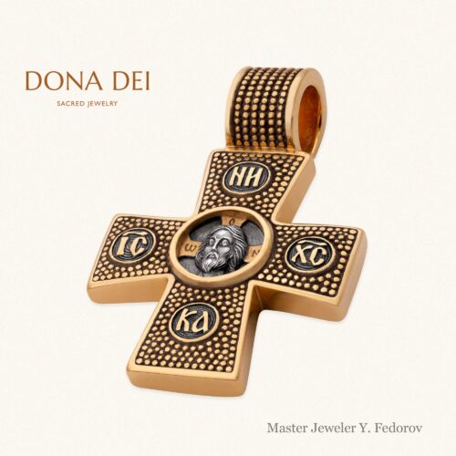 Exquisite Detail Byzantine Cross Necklace “Crucifixion. Theotokos Oranta”, Master Jeweler Yuri Fedorov