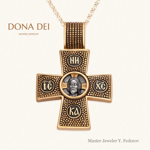 Exquisite Detail Byzantine Cross Necklace “Crucifixion. Theotokos Oranta”, Master Jeweler Yuri Fedorov