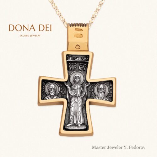 Exquisite Detail Byzantine Cross Necklace “Crucifixion. Theotokos Oranta”, Master Jeweler Yuri Fedorov