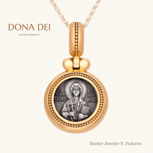 Engraved Reversible Russian Orthodox Icon Pendant “Holy Righteous Queen Tamar”, 24k Gold & Sterling Silver, Master Jeweler Yuri Fedorov