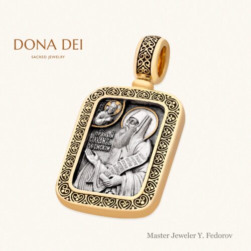 Reversible Engraved Christian Orthodox Icon Pendant “Venerable Silouan the Athonite”, Sterling Silver & 24k Gold Plated, from Yuri Fedorov