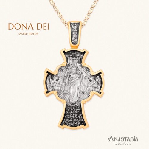 Christian Orthodox Cross Pendant "The RESURRECTION Of CHRIST", Sterling Silver & 24K Gold Plated, from Anastasia Atelier, St Petersburg