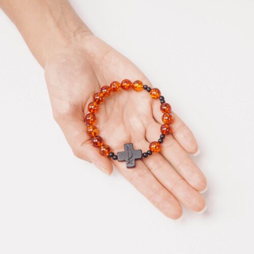 ROSARY CROSS BRACELET Catholic with Chi Rho Christogram | Polished Cognac & Matte Black Beads | Handmade from Baltic Amber, Tiger Ebony Wood