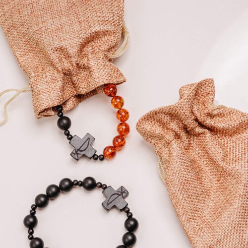 Christian ROSARY BRACELET with Chi Rho CHRISM Constantine Symbol on Cross | Polished Cognac & Matte Black Beads | Handmade from Baltic Amber