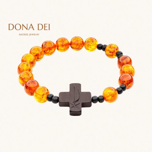 ROSARY CROSS BRACELET Catholic with Chi Rho Christogram | Polished Cognac & Matte Black Beads | Handmade from Baltic Amber, Tiger Ebony Wood