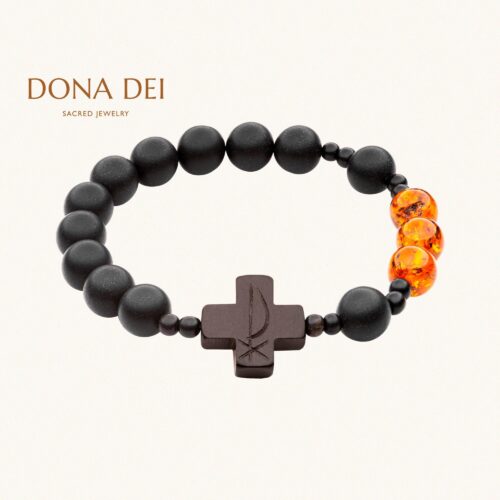 Christian ROSARY BRACELET with Chi Rho CHRISM Constantine Symbol on Cross | Polished Cognac & Matte Black Beads | Handmade from Baltic Amber