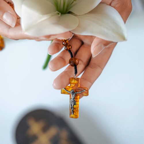 Handcrafted Amber ROSARY NECKLACE with CRUCIFIX | Genuine Baltic Amber & 925 Silver | Catholic Prayer Jewelry