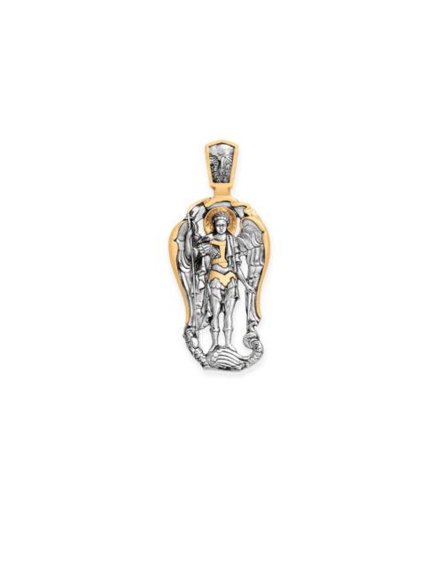 Orthodox Necklace Pendant ARCHANGEL MICHAEL, BEATING A SERPENT, 24K Gold Plated & 925 Sterling Silver