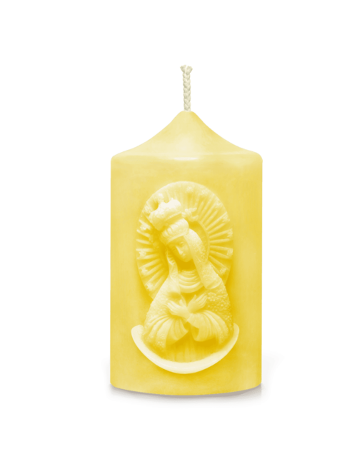 Christian pillar candle with MOTHER OF THE GOD OF THE DAWN GATE bas-relief | made of natural wax | in gift box