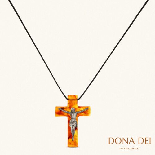 Baltic Amber Cross Necklace with CRUCIFIX on Genuine Leather Cord, Handmade from Baltic Amber & 925 Sterling Silver, by Dona Dei Jewelry