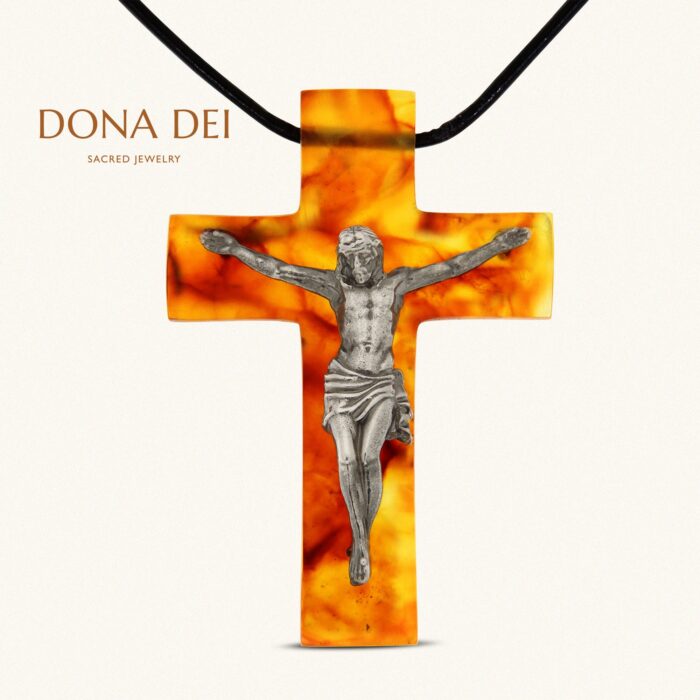 Baltic Amber Cross Necklace with CRUCIFIX on Genuine Leather Cord, Handmade from Baltic Amber & 925 Sterling Silver, by Dona Dei Jewelry