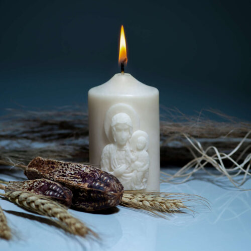 Christian pillar candle with OUR LADY OF CZESTOCHOVA bas-relief | made of natural wax | in gift box