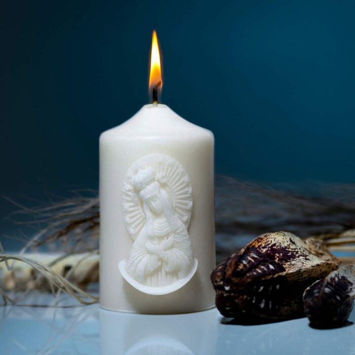 Christian pillar candle with MOTHER OF THE GOD OF THE DAWN GATE bas-relief | made of natural wax | in gift box