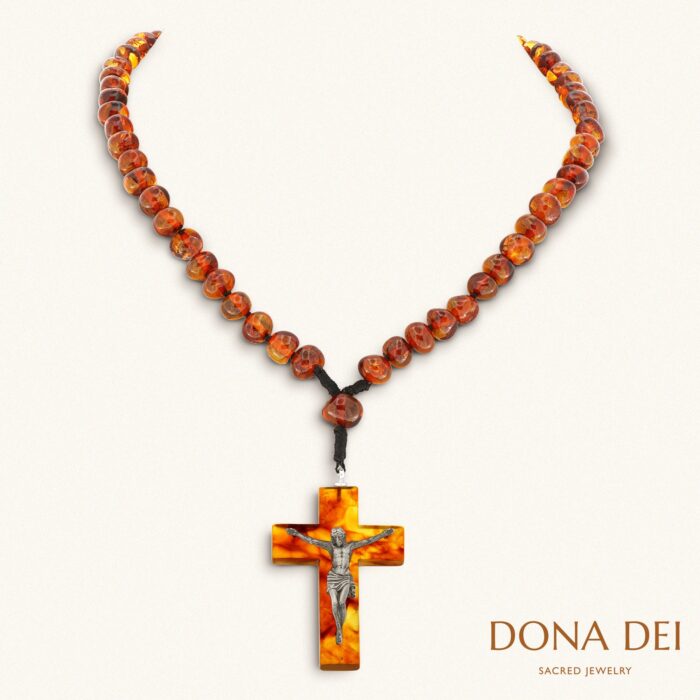 Baltic Amber Cross Necklace with CRUCIFIXION, Handcrafting from Baltic Amber & 925 Sterling Silver, by Dona Dei Jewelry