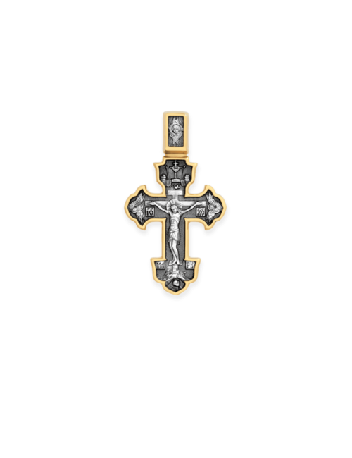 Orthodox Cross Pendant CRUCIFIX and GUARDIAN ANGEL, 925 Sterling Silver & 24K Gold Plated, Akimov Jewelry