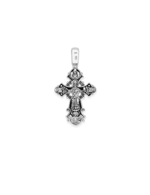 CRUCIFIX. St. Nicholas the Wonderworker. GUARDIAN ANGEL, Christian Orthodox Cross Pendant, 925 Sterling Silver - Image 2