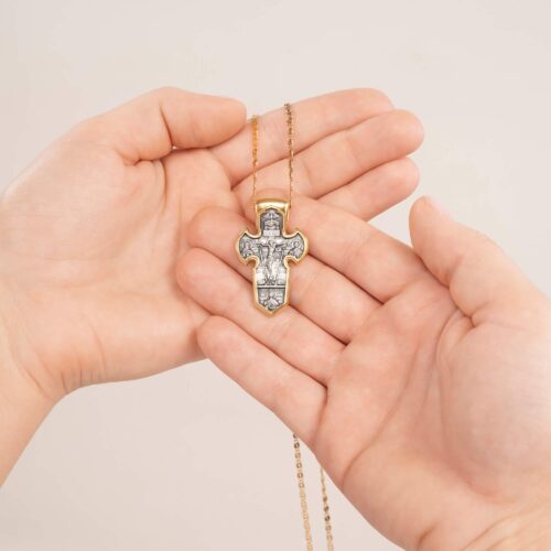 Russian Orthodox Cross Pendant CRUCIFIX. ARCHANGEL MICHAEL, Sterling Silver & 24K Gold Plated, Akimov Jewelry - Image 2