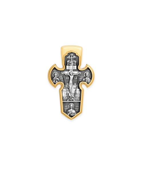 Russian Orthodox Cross Pendant CRUCIFIX. ARCHANGEL MICHAEL, Sterling Silver & 24K Gold Plated, Akimov Jewelry